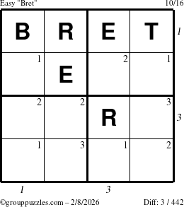 The grouppuzzles.com Easy Bret puzzle for Sunday February 8, 2026 with all 3 steps marked