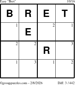 The grouppuzzles.com Easy Bret puzzle for Sunday February 8, 2026 with the first 3 steps marked