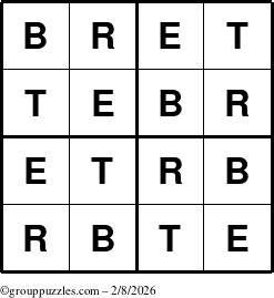 The grouppuzzles.com Answer grid for the Bret puzzle for Sunday February 8, 2026