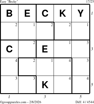 The grouppuzzles.com Easy Becky puzzle for Sunday February 8, 2026, suitable for printing, with all 4 steps marked