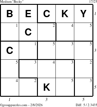 The grouppuzzles.com Medium Becky puzzle for Sunday February 8, 2026, suitable for printing, with all 5 steps marked