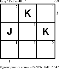 The grouppuzzles.com Easy TicTac-JKL puzzle for Sunday February 8, 2026, suitable for printing, with all 2 steps marked