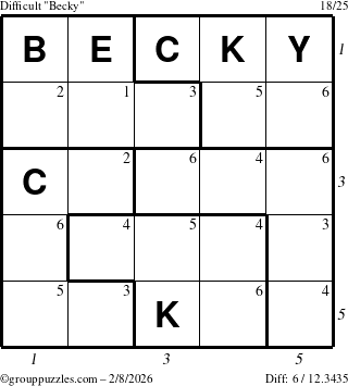 The grouppuzzles.com Difficult Becky puzzle for Sunday February 8, 2026, suitable for printing, with all 6 steps marked
