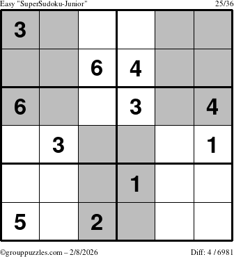 The grouppuzzles.com Easy SuperSudoku-Junior puzzle for Sunday February 8, 2026