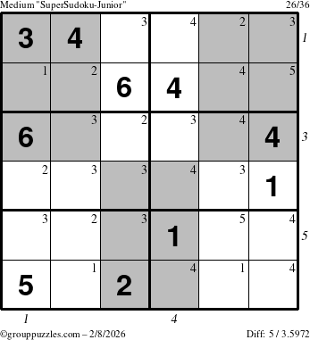The grouppuzzles.com Medium SuperSudoku-Junior puzzle for Sunday February 8, 2026 with all 5 steps marked