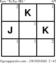 The grouppuzzles.com Easy TicTac-JKL puzzle for Sunday February 8, 2026 with the first 2 steps marked