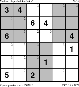 The grouppuzzles.com Medium SuperSudoku-Junior puzzle for Sunday February 8, 2026 with the first 3 steps marked