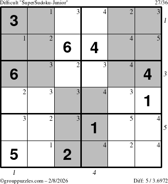 The grouppuzzles.com Difficult SuperSudoku-Junior puzzle for Sunday February 8, 2026, suitable for printing, with all 5 steps marked