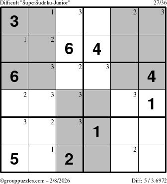 The grouppuzzles.com Difficult SuperSudoku-Junior puzzle for Sunday February 8, 2026 with the first 3 steps marked