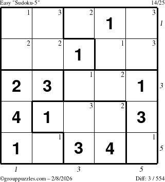 The grouppuzzles.com Easy Sudoku-5 puzzle for Sunday February 8, 2026, suitable for printing, with all 3 steps marked