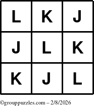 The grouppuzzles.com Answer grid for the TicTac-JKL puzzle for Sunday February 8, 2026
