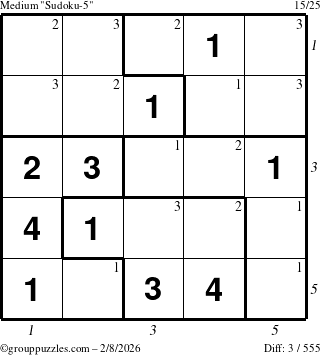 The grouppuzzles.com Medium Sudoku-5 puzzle for Sunday February 8, 2026 with all 3 steps marked