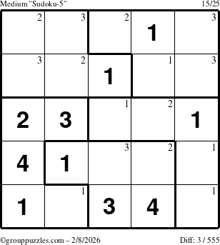 The grouppuzzles.com Medium Sudoku-5 puzzle for Sunday February 8, 2026 with the first 3 steps marked