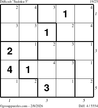 The grouppuzzles.com Difficult Sudoku-5 puzzle for Sunday February 8, 2026, suitable for printing, with all 4 steps marked