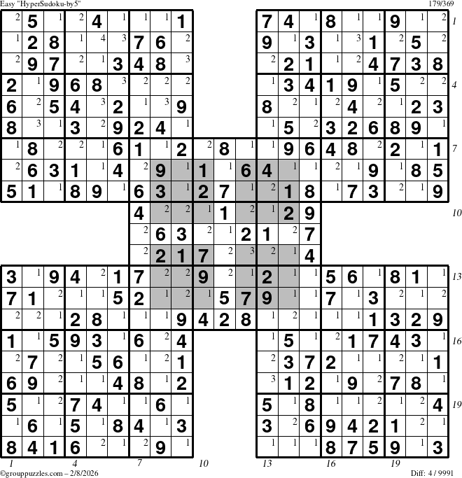 The grouppuzzles.com Easy HyperSudoku-by5 puzzle for Sunday February 8, 2026 with all 4 steps marked