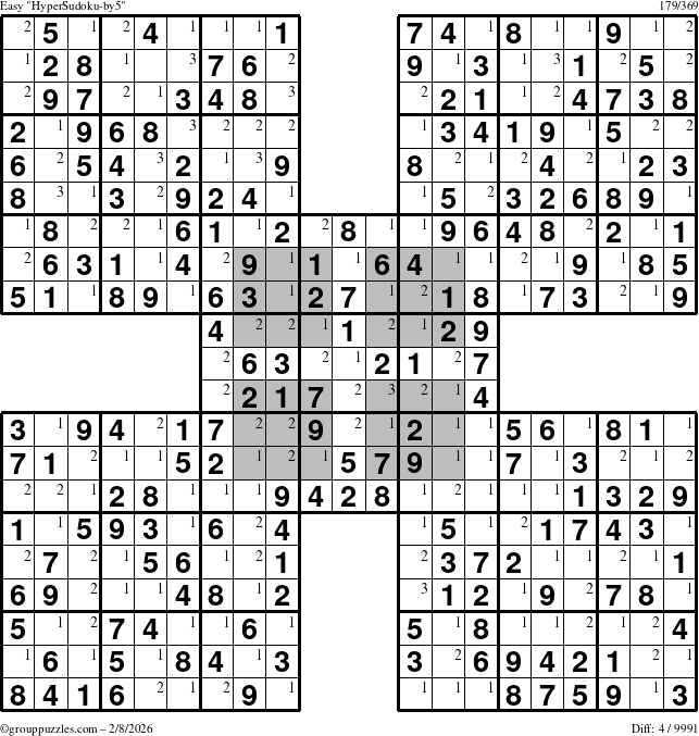 The grouppuzzles.com Easy HyperSudoku-by5 puzzle for Sunday February 8, 2026 with the first 3 steps marked