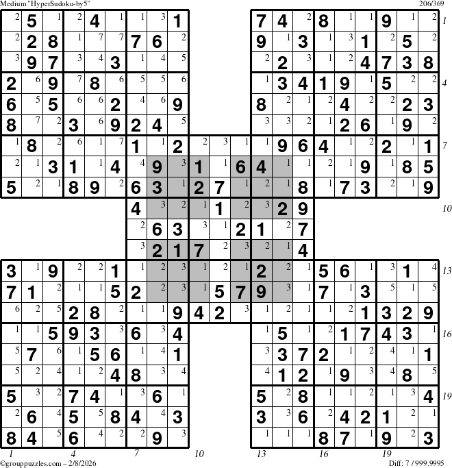 The grouppuzzles.com Medium HyperSudoku-by5 puzzle for Sunday February 8, 2026 with all 7 steps marked