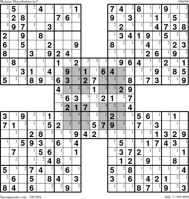 The grouppuzzles.com Medium HyperSudoku-by5 puzzle for Sunday February 8, 2026 with the first 3 steps marked