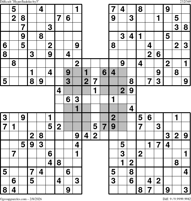 The grouppuzzles.com Difficult HyperSudoku-by5 puzzle for Sunday February 8, 2026