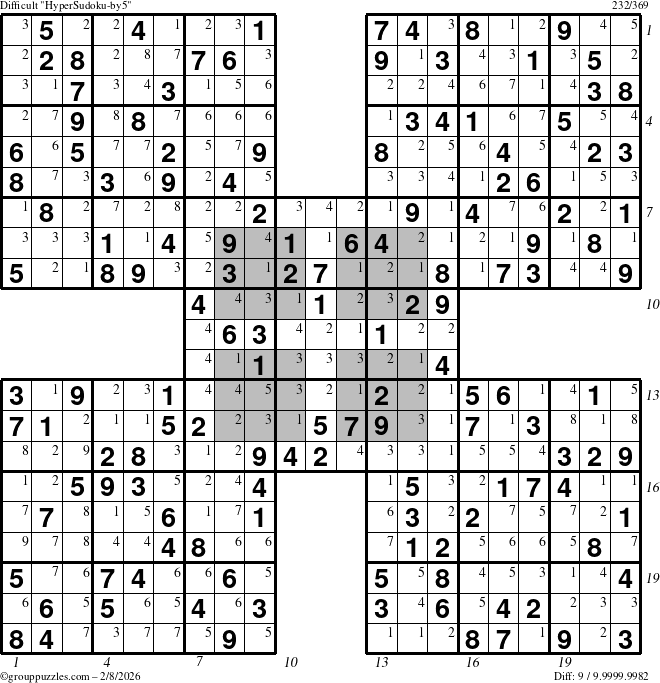The grouppuzzles.com Difficult HyperSudoku-by5 puzzle for Sunday February 8, 2026 with all 9 steps marked