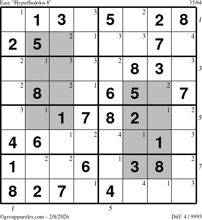 The grouppuzzles.com Easy HyperSudoku-8 puzzle for Sunday February 8, 2026, suitable for printing, with all 4 steps marked
