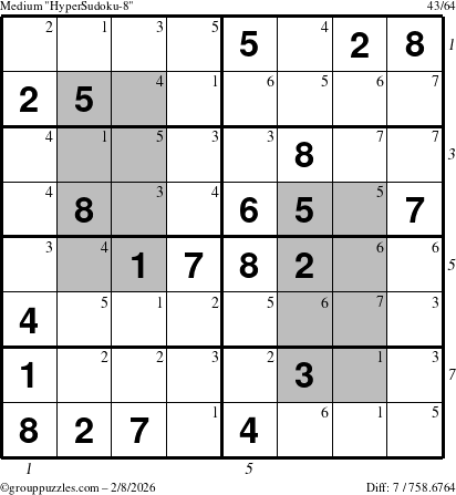 The grouppuzzles.com Medium HyperSudoku-8 puzzle for Sunday February 8, 2026 with all 7 steps marked