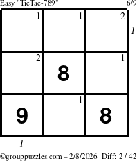 The grouppuzzles.com Easy TicTac-789 puzzle for Sunday February 8, 2026, suitable for printing, with all 2 steps marked