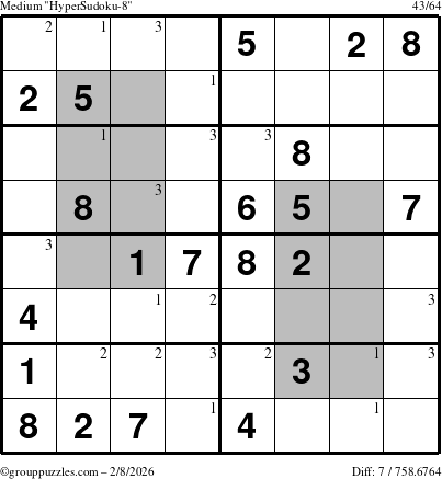 The grouppuzzles.com Medium HyperSudoku-8 puzzle for Sunday February 8, 2026 with the first 3 steps marked