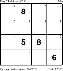 The grouppuzzles.com Easy Sudoku-4-5678 puzzle for Friday January 16, 2026 with the first 3 steps marked
