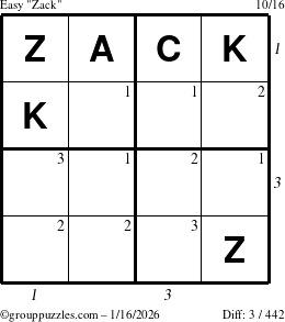 The grouppuzzles.com Easy Zack puzzle for Friday January 16, 2026, suitable for printing, with all 3 steps marked