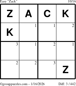 The grouppuzzles.com Easy Zack puzzle for Friday January 16, 2026 with the first 3 steps marked