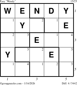 The grouppuzzles.com Easy Wendy puzzle for Friday January 16, 2026 with all 4 steps marked
