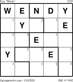 The grouppuzzles.com Easy Wendy puzzle for Friday January 16, 2026 with the first 3 steps marked