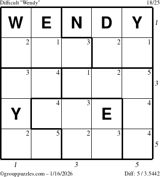 The grouppuzzles.com Difficult Wendy puzzle for Friday January 16, 2026, suitable for printing, with all 5 steps marked