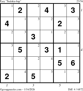 The grouppuzzles.com Easy Sudoku-6up puzzle for Friday January 16, 2026 with all 4 steps marked