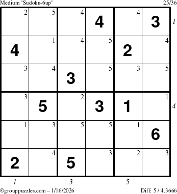 The grouppuzzles.com Medium Sudoku-6up puzzle for Friday January 16, 2026, suitable for printing, with all 5 steps marked