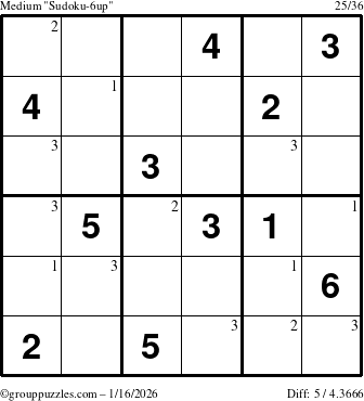 The grouppuzzles.com Medium Sudoku-6up puzzle for Friday January 16, 2026 with the first 3 steps marked