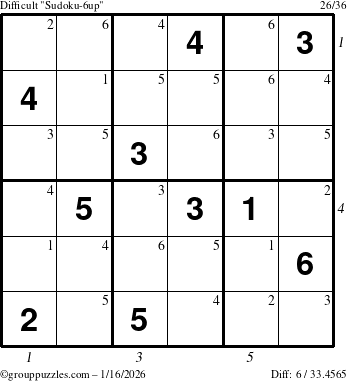 The grouppuzzles.com Difficult Sudoku-6up puzzle for Friday January 16, 2026 with all 6 steps marked