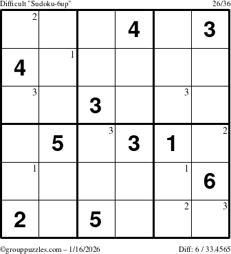 The grouppuzzles.com Difficult Sudoku-6up puzzle for Friday January 16, 2026 with the first 3 steps marked