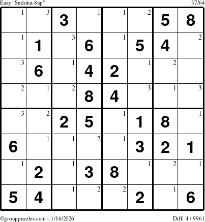 The grouppuzzles.com Easy Sudoku-8up puzzle for Friday January 16, 2026 with the first 3 steps marked