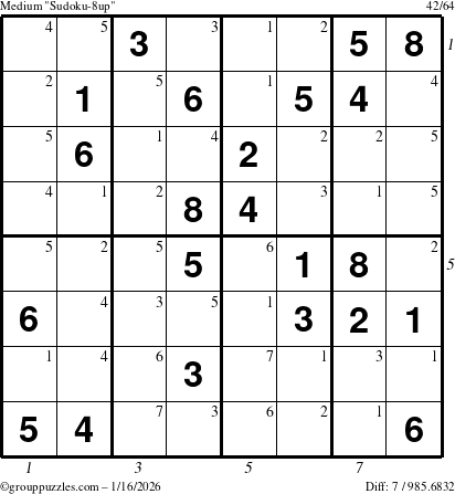 The grouppuzzles.com Medium Sudoku-8up puzzle for Friday January 16, 2026 with all 7 steps marked