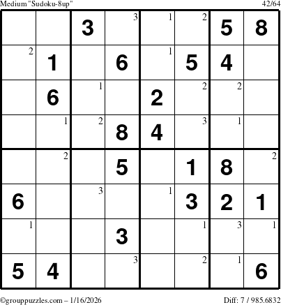The grouppuzzles.com Medium Sudoku-8up puzzle for Friday January 16, 2026 with the first 3 steps marked