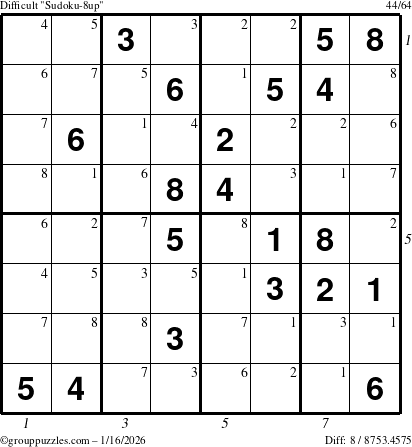 The grouppuzzles.com Difficult Sudoku-8up puzzle for Friday January 16, 2026 with all 8 steps marked