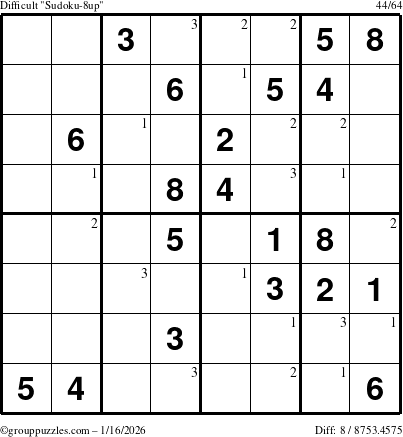 The grouppuzzles.com Difficult Sudoku-8up puzzle for Friday January 16, 2026 with the first 3 steps marked