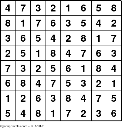 The grouppuzzles.com Answer grid for the Sudoku-8up puzzle for Friday January 16, 2026