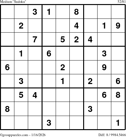 The grouppuzzles.com Medium Sudoku puzzle for Friday January 16, 2026