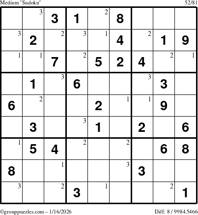 The grouppuzzles.com Medium Sudoku puzzle for Friday January 16, 2026 with the first 3 steps marked