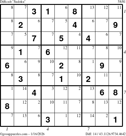 The grouppuzzles.com Difficult Sudoku puzzle for Friday January 16, 2026, suitable for printing, with all 14 steps marked