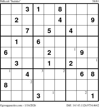 The grouppuzzles.com Difficult Sudoku puzzle for Friday January 16, 2026 with the first 3 steps marked