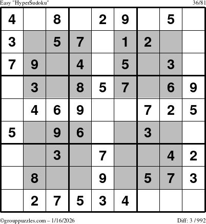 The grouppuzzles.com Easy HyperSudoku puzzle for Friday January 16, 2026